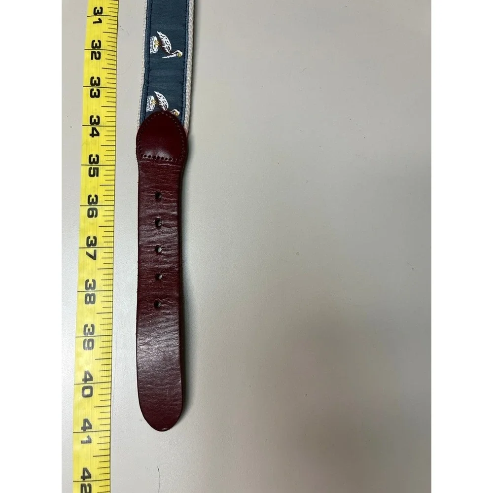 Mens Pelican Embroidered Surcingle Belt Navy Burgundy Leather Brass Buckle 36